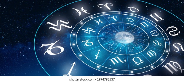 Astrology Zodiac sign of Horoscope in deep blue the star and the moon background. Magic power of fortune in the universe Concept.