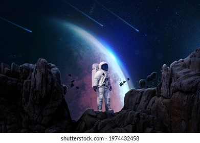 Astronaut , Abstract Space Wallpaper. Universe Filled With Stars, Nebulas, Galaxies And Planets., 3D Rendering