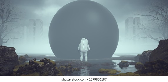 Astronaut Alien Landscape Mysterious Black Sphere Floating near a Foggy Abandoned Brutalist Style Architecture in the Distance 3d illustration render