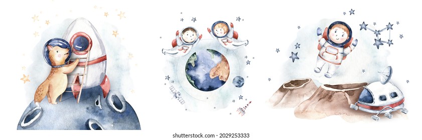 Astronaut Baby Boy Girl Elephant, Fox Cat And Bunny, Space Suit, Cosmonaut Stars, Planet, Moon, Rocket And Shuttle Isolated Watercolor Space Ship Illustration On White Background, Spaceman Cartoon Kid