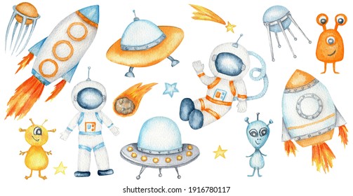 Astronaut, Cosmonaut In Helmet, Space Rocket, Flying Saucer UFO, Spaceship Start, Cartoon Alien, Satellite, Unidentified Flying Object, Sputnik Antenna Stars. Watercolor Isolated Kids Illustration.