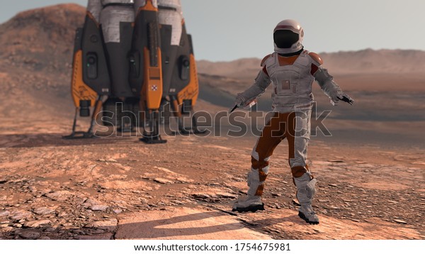 Astronaut dancing on Mars red planet.\
Exploring Mission To Mars. Futuristic Colonization and Space\
Exploration Concept. Colony on Mars. Elements of this video\
furnished by NASA. 3d\
rendering.