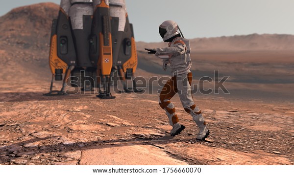 Astronaut dancing on Mars red planet.\
Exploring Mission To Mars. Futuristic Colonization and Space\
Exploration Concept. Colony on Mars. Elements of this video\
furnished by NASA. 3d\
rendering.