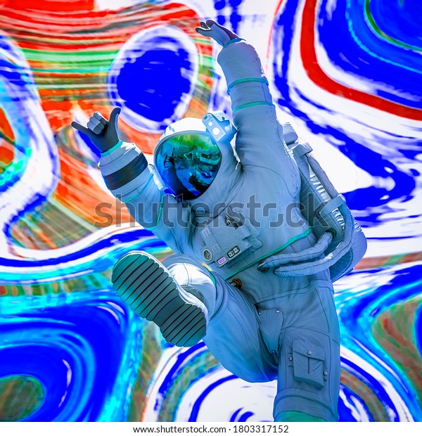 astronaut is dancing in a psychedelic\
background close up view, 3d\
illustration