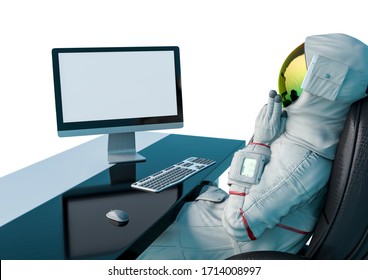 Astronaut Is Doing His Job From The Home Office Like A Boss Back View, 3d Illustration