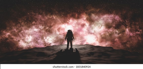 Astronaut Doing Space Walk On Foreign Planet. Mars Exploration. 3D Render