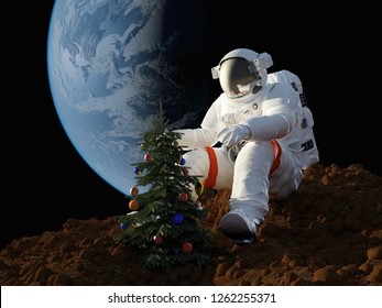 Astronaut Dress Up A Christmas Tree. , 3d Render