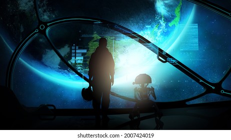 Astronaut And Droid At The Porthole Of A Ship In Orbit Of The Earth. 3D Render