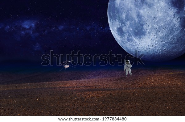 astronaut and drone exploring planet on the\
background of a shining moon.Elements of this image furnished by\
NASA 3D\
illustration.