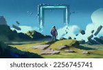 astronaut explores planetary space and looking at strange building floating in the sky, digital art style, illustration painting