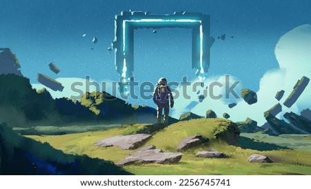 astronaut explores planetary space and looking at strange building floating in the sky, digital art style, illustration painting