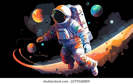 Astronaut explores space being desert planet. Astronaut space suit performing extra cosmic activity space against stars and planets background. Human space flight. Modern illustration - Powered by Shutterstock