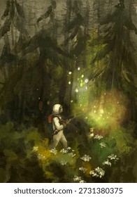 Astronaut Exploring a Lush Forest Hand Drawn Illustration