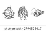 Astronaut fantasy objects presents space pod astronaut and moon creature science figures in expressive black outline illustration on a clean white background. This isolated artwork suits science posters research pages laboratory sheets websites labels and study layouts and commercial stock projects needing simple clear visual communication.