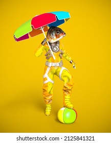 Astronaut With Fish Head Holding Sun Umbrella In Hand, Yellow Background. 3D Rendering