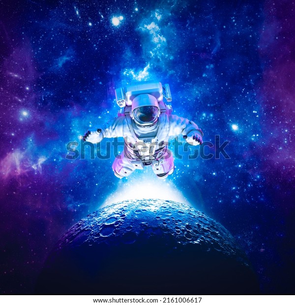 Astronaut\
floating above moon - 3D illustration of science fiction space\
suited figure among the stars in outer\
space