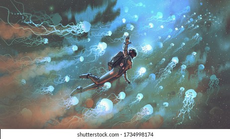 Astronaut Floating With Glowing Jellyfishes In Space, Digital Art Style, Illustration Painting