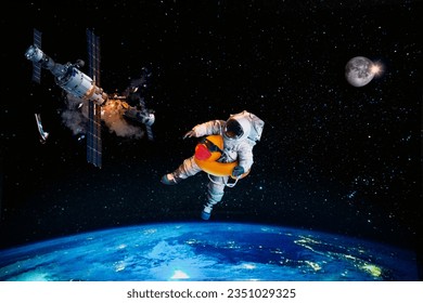 An astronaut floating in the space using a duck float.