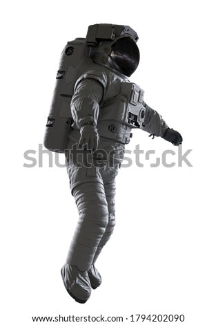 astronaut flying in outer space, isolated on white background (3d science rendering)