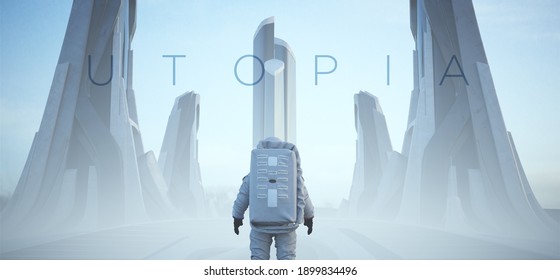 Astronaut Futuristic Sci-Fi Utopian City Alien Landscape 3d Illustration Render	