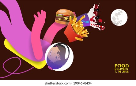 Astronaut Girl Reaches For A Hamburger In Space. Food Delivery. 3d Illustration