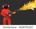 astronaut is holding a flamethrower is on fire close up view, 3d illustration