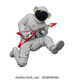 Astronaut Is Jumping And Playing Guitar, 3d Illustration