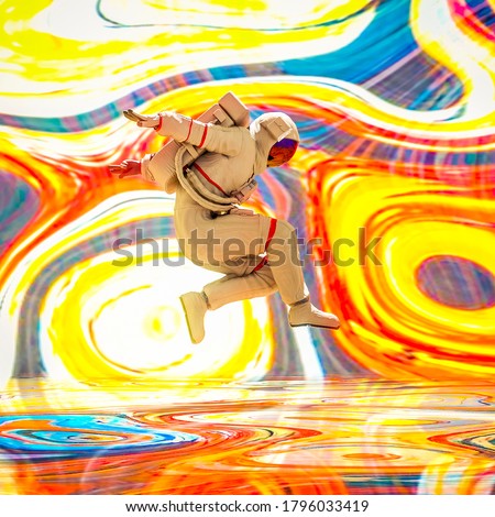 astronaut is jumping in a psychedelic background, 3d illustration
