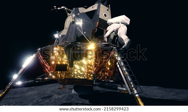  Astronaut landing on the moon. High quality\
photo. 3D rendering
