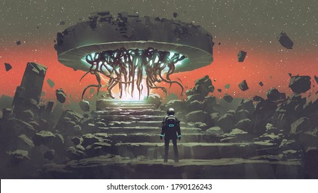 astronaut looking at the alien tentacles coming out of the portal, digital art style, illustration painting