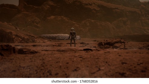 Astronaut Looking On A Space Habitat Colony From A Distance. Mars Colonization Concept. 3D Rendering