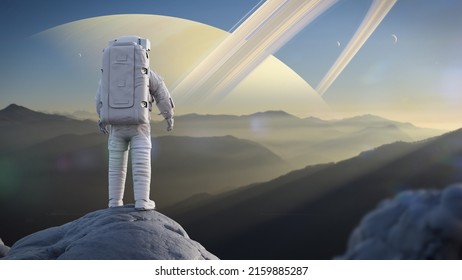 Astronaut Looking Over The Landscape From The Surface Of The Moon Titan (3d Space Render)