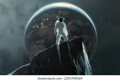 Astronaut looks into space from a high cliff on the moon. 5K realistic science fiction art. Elements of image provided by Nasa - Powered by Shutterstock