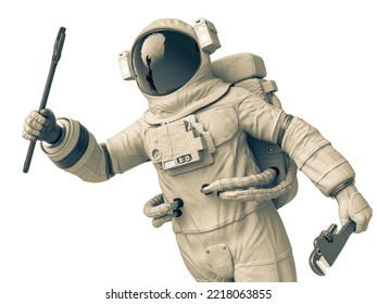 Astronaut Mechanic Is Floating With A Pipe Wrench On His Hand Close Up, 3d Illustration