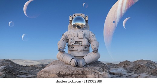 Astronaut, der auf der Oberfläche eines fremden Planeten meditiert (3D-Weltraumrendering)  