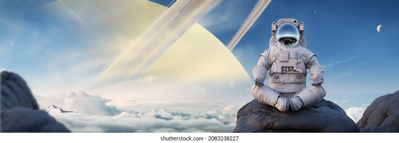 Astronaut Meditating On The Surface Of Saturn's Moon Titan (3d Space Rendering Banner)  