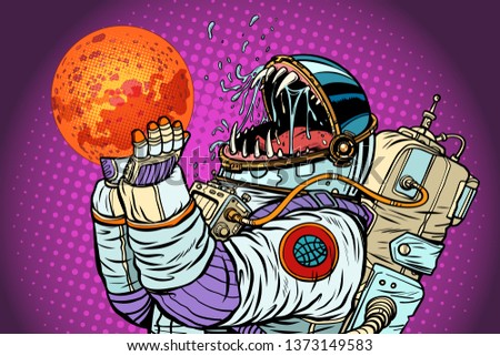 Astronaut monster eats Mars. Greed and hunger of mankind concept. Pop art retro  illustration vintage kitsch