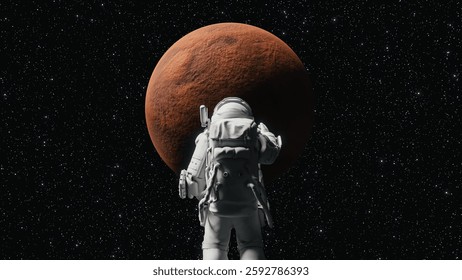 Astronaut observing mars rotating in space. 3d render. 3D Illustration