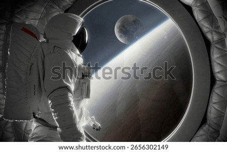 Astronaut Observing Space Through Capsule Window — Inside a spacecraft, a suited astronaut gazes through a round window at Earth’s edge and the Moon beyond. Captures awe, solitude, and exploration