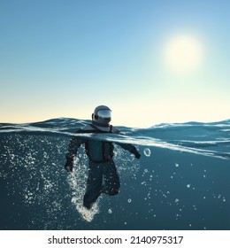 Astronaut In The Ocean . Half Underwater Split Image . This Is A 3d Render Illustration . 