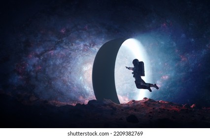 Astronaut on alien planet entering spacetime portal light. Science fiction universe exploration. 3D render