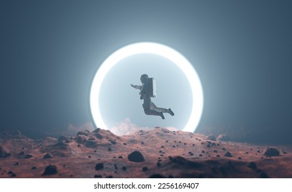 Astronaut on alien planet entering spacetime portal light. Science fiction universe exploration. 3D render - Powered by Shutterstock - Get 15% off with code: PIKWIZARD15