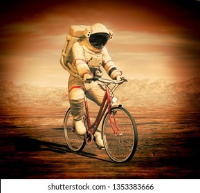 Astronaut On A Bike On Mars - 3D Illustration