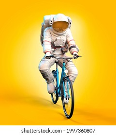 Astronaut On Bike And Yellow Background, 3D Illustration