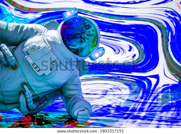 astronaut is on the flor in a psychedelic\
background close up view, 3d\
illustration