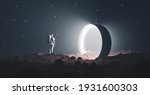 Astronaut on foreign planet in front of spacetime portal light. Science fiction universe exploration. 3D render