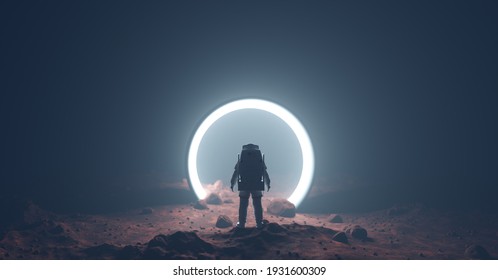 Astronaut auf fremdem Planeten vor dem Raumzeitportal Licht. Erforschung des Science-Fiction-Universums. 3D-Darstellung