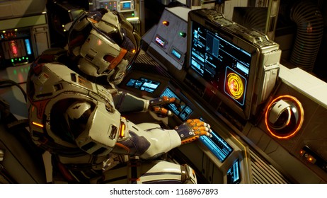 The Astronaut On His Spaceship Running On A Computer. 3D Rendering