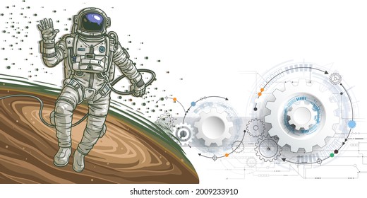 Astronaut On International Space Station In Universe - Digital Design Of Space. 