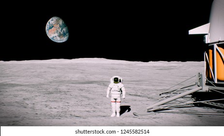 Astronaut On The Moon Near The Lander Salutes. 3D Rendering